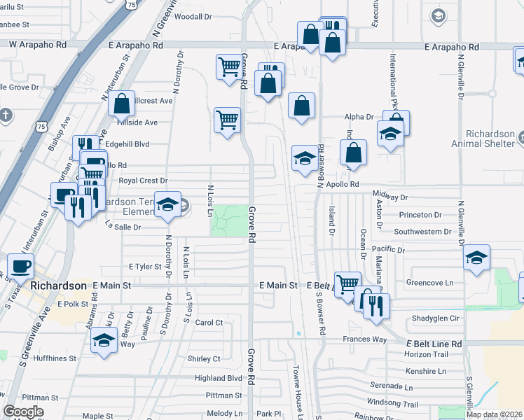 map of restaurants, bars, coffee shops, grocery stores, and more near 608 Terrace Drive in Richardson