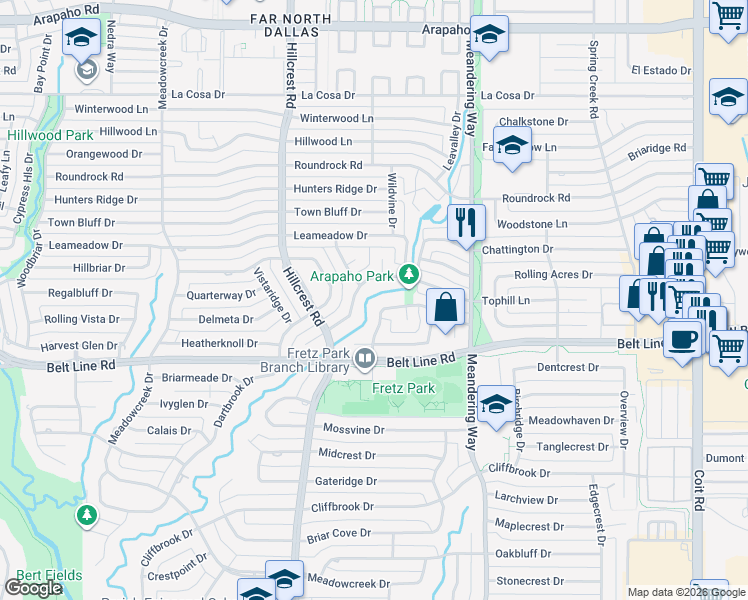 map of restaurants, bars, coffee shops, grocery stores, and more near 7237 Tangleglen Drive in Dallas