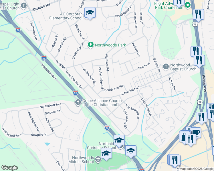 map of restaurants, bars, coffee shops, grocery stores, and more near 8113 Waltham Road in North Charleston