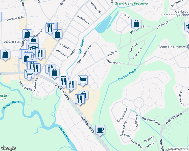 map of restaurants, bars, coffee shops, grocery stores, and more near 5261 Copley Circle in Summerville