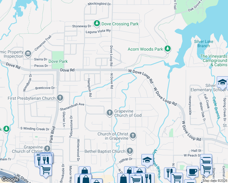 map of restaurants, bars, coffee shops, grocery stores, and more near 1208 North Dove Road in Grapevine