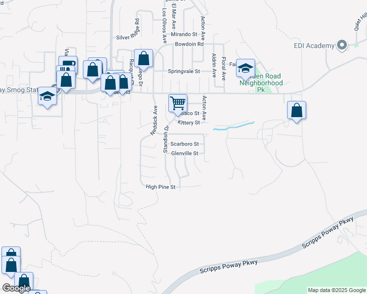 map of restaurants, bars, coffee shops, grocery stores, and more near 14547 Scarboro Street in Poway