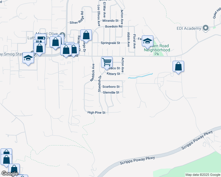 map of restaurants, bars, coffee shops, grocery stores, and more near 14547 Scarboro Street in Poway