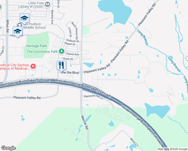 map of restaurants, bars, coffee shops, grocery stores, and more near 3056 Pleasant Valley Road in Sachse