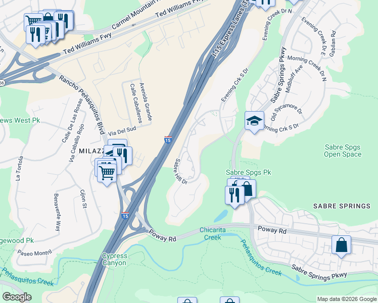 map of restaurants, bars, coffee shops, grocery stores, and more near 10824 Sabre Hill Drive in San Diego