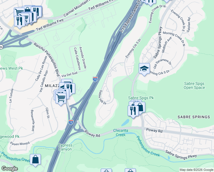 map of restaurants, bars, coffee shops, grocery stores, and more near 10824 Sabre Hill Drive in San Diego