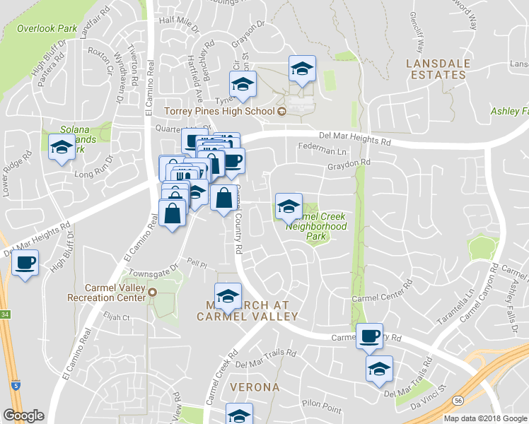 map of restaurants, bars, coffee shops, grocery stores, and more near 12954 Carmel Creek Road in San Diego