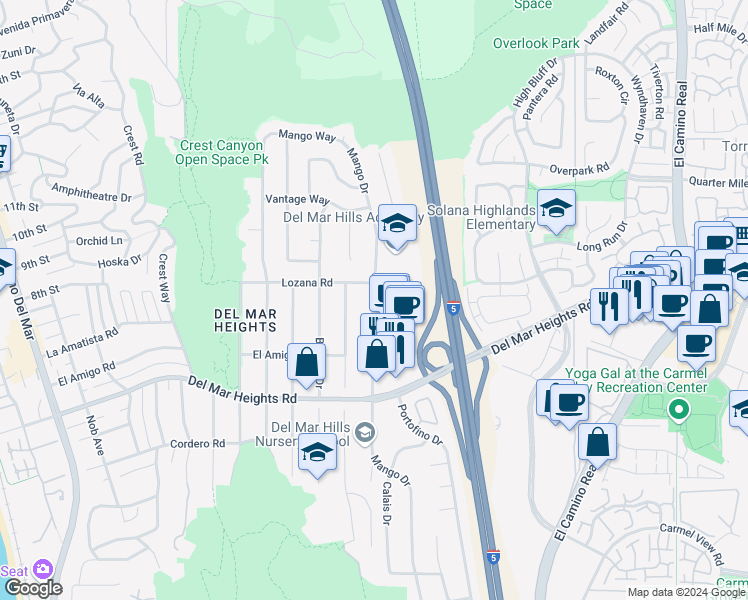 map of restaurants, bars, coffee shops, grocery stores, and more near 14011 Mango Drive in Del Mar