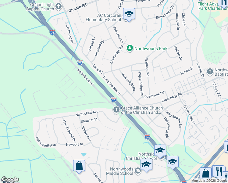 map of restaurants, bars, coffee shops, grocery stores, and more near 8149 Long Shadow Lane in North Charleston