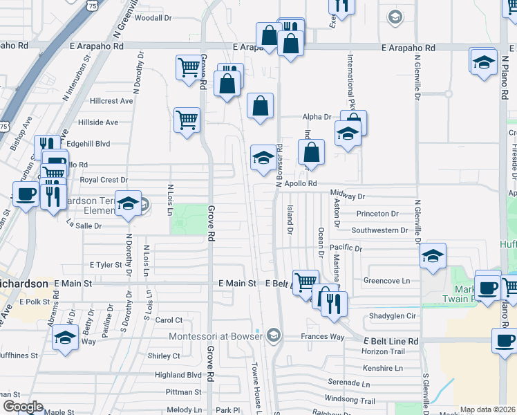 map of restaurants, bars, coffee shops, grocery stores, and more near 618 Terrace Drive in Richardson