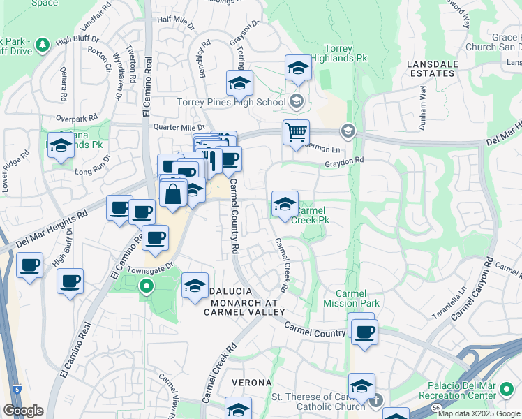 map of restaurants, bars, coffee shops, grocery stores, and more near 12972 Carmel Creek Road in San Diego