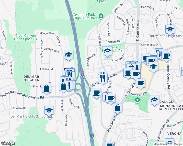 map of restaurants, bars, coffee shops, grocery stores, and more near 3623 Voyager Circle in San Diego