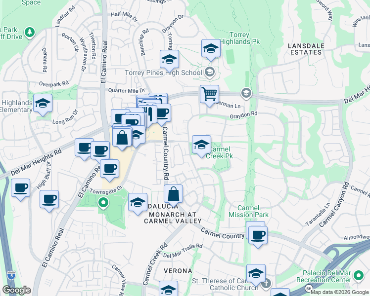 map of restaurants, bars, coffee shops, grocery stores, and more near 12972 Carmel Creek Road in San Diego
