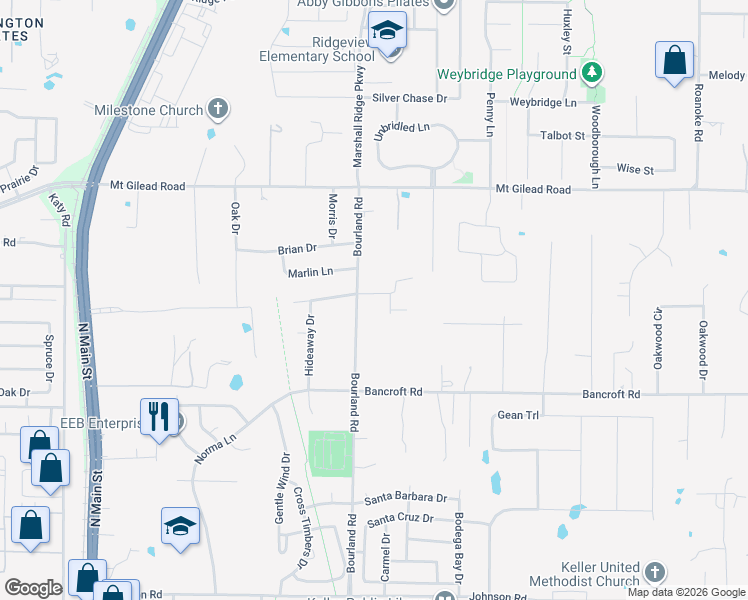 map of restaurants, bars, coffee shops, grocery stores, and more near 1117 Bourland Road in Keller