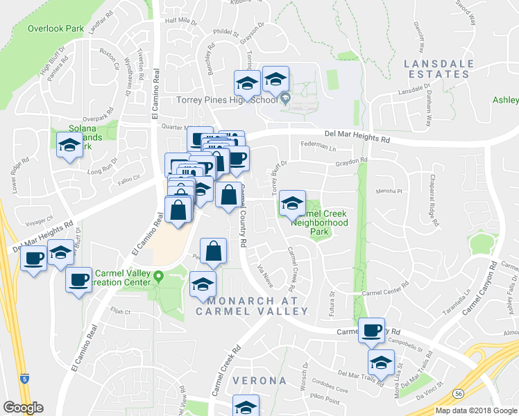 map of restaurants, bars, coffee shops, grocery stores, and more near 12954 Carmel Creek Road in San Diego