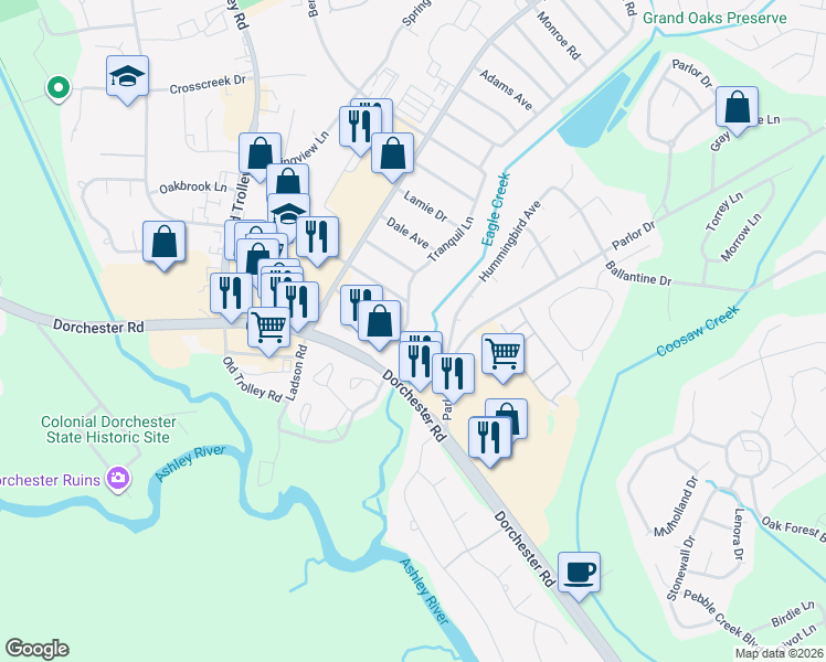 map of restaurants, bars, coffee shops, grocery stores, and more near 119 Alma Drive in Ladson