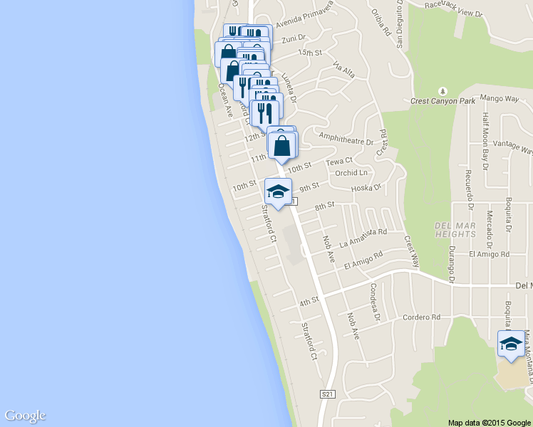 map of restaurants, bars, coffee shops, grocery stores, and more near 819 Stratford Court in Del Mar