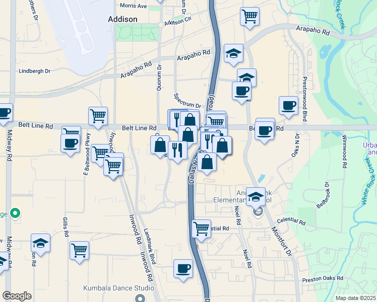 map of restaurants, bars, coffee shops, grocery stores, and more near 14951 Dallas Parkway in Dallas