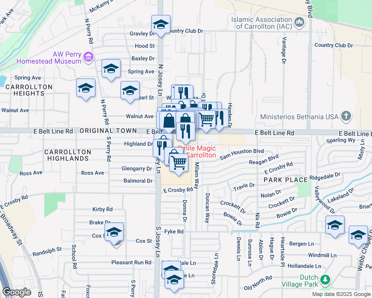 map of restaurants, bars, coffee shops, grocery stores, and more near 2750 East Trinity Mills Road in Carrollton