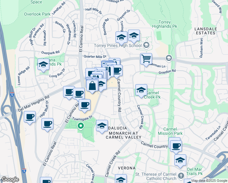 map of restaurants, bars, coffee shops, grocery stores, and more near 12680 Carmel Country Road in San Diego