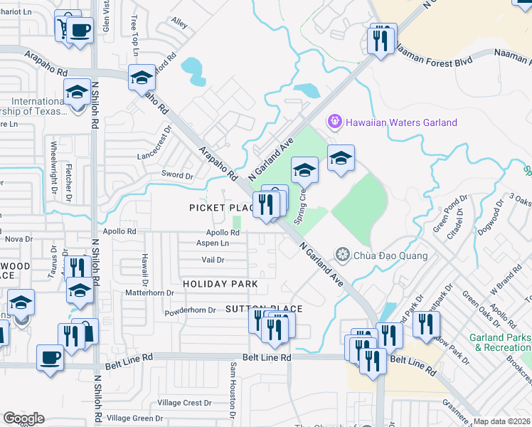 map of restaurants, bars, coffee shops, grocery stores, and more near 3935 North Garland Avenue in Garland