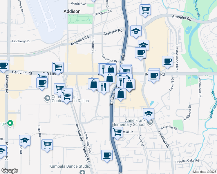 map of restaurants, bars, coffee shops, grocery stores, and more near 14951 Dallas Pkwy in Dallas