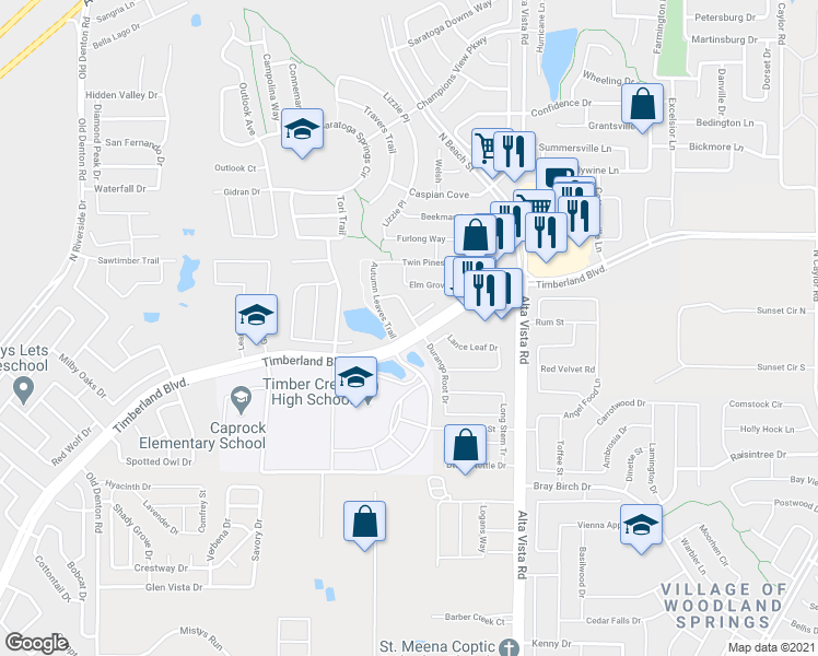 map of restaurants, bars, coffee shops, grocery stores, and more near 12329 Durango Root Drive in Fort Worth
