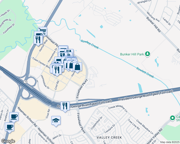map of restaurants, bars, coffee shops, grocery stores, and more near 3422 Firewheel Parkway in Garland