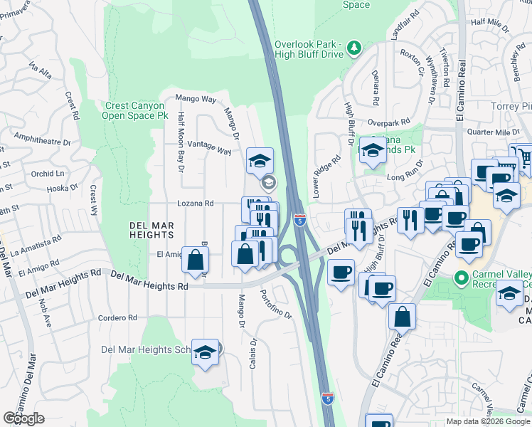 map of restaurants, bars, coffee shops, grocery stores, and more near 14031 Mango Drive in Del Mar