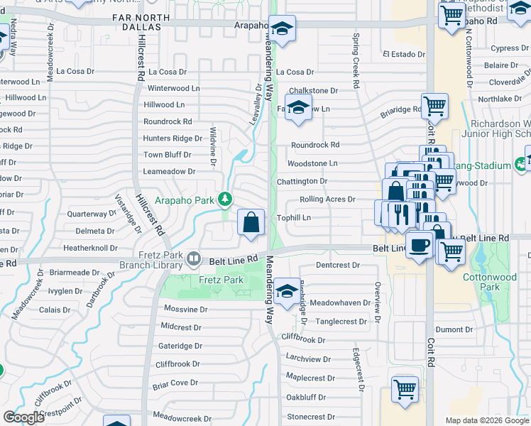 map of restaurants, bars, coffee shops, grocery stores, and more near 7450 Tophill Lane in Dallas