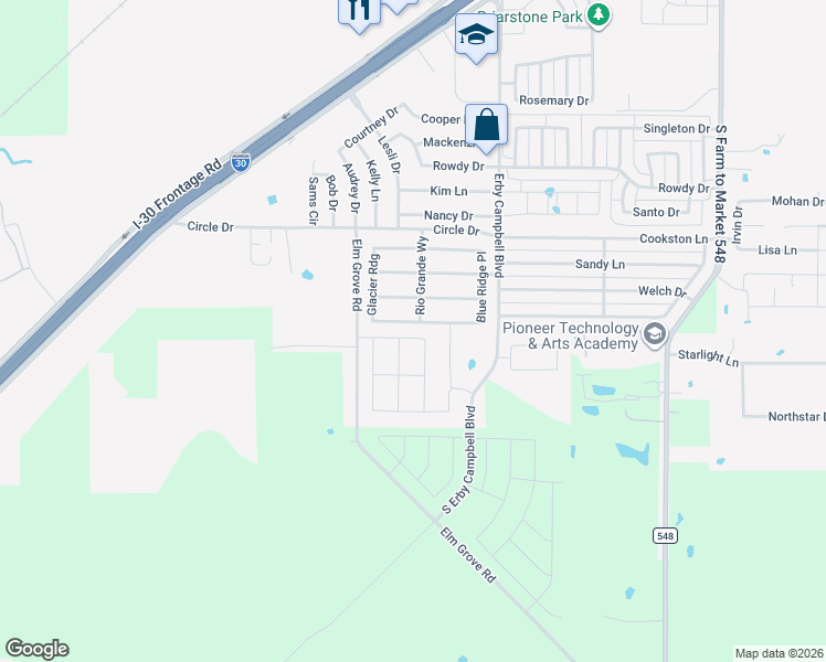 map of restaurants, bars, coffee shops, grocery stores, and more near 521 Ame Lane in Royse City