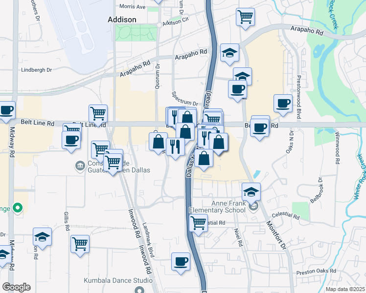 map of restaurants, bars, coffee shops, grocery stores, and more near 14951 Dallas Parkway in Dallas