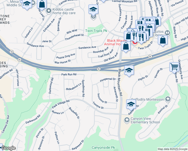 map of restaurants, bars, coffee shops, grocery stores, and more near 13045 Texana Street in San Diego