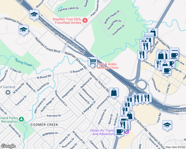 map of restaurants, bars, coffee shops, grocery stores, and more near 3900 Naaman School Road in Garland
