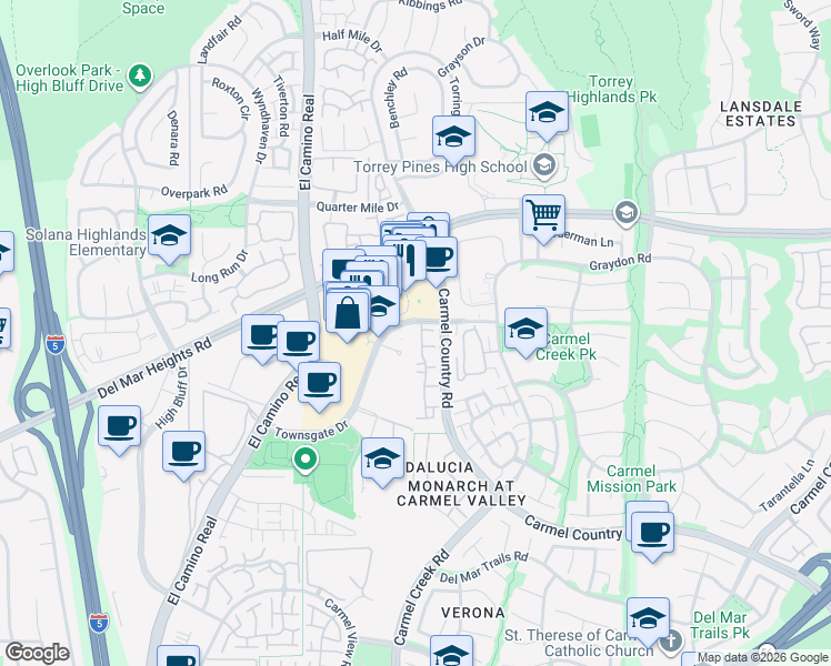 map of restaurants, bars, coffee shops, grocery stores, and more near 12672 Carmel Country Road in San Diego