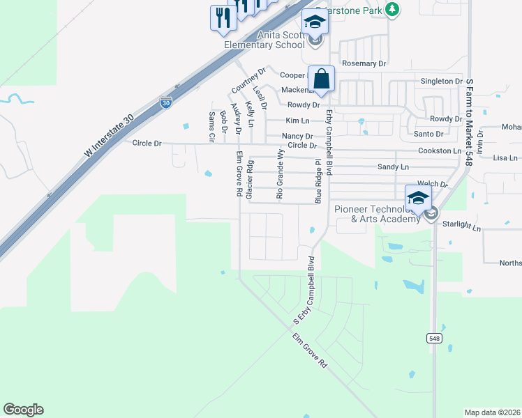 map of restaurants, bars, coffee shops, grocery stores, and more near 2346 Elm Grove Road in Royse City