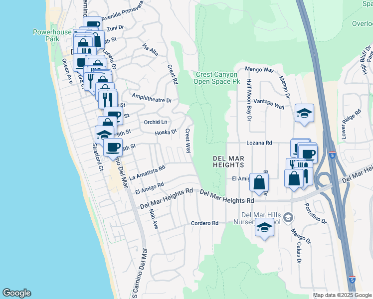 map of restaurants, bars, coffee shops, grocery stores, and more near 14066 Crest Way in Del Mar