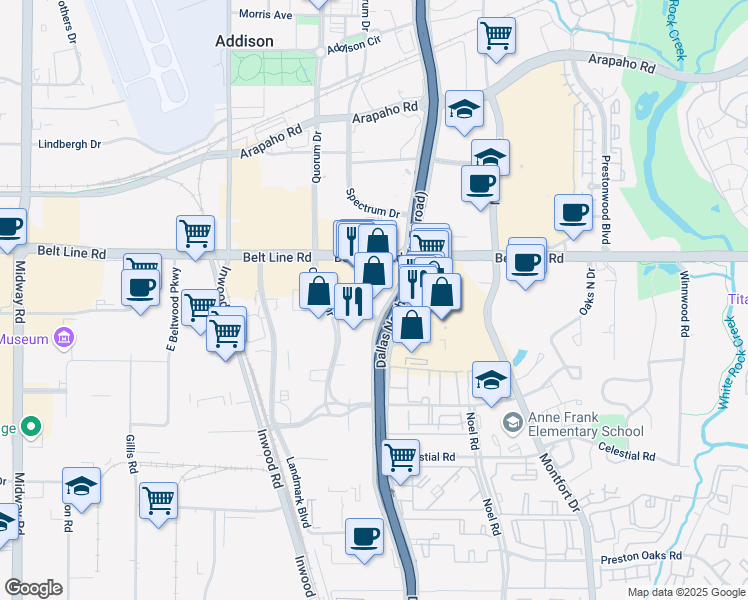 map of restaurants, bars, coffee shops, grocery stores, and more near 14951 Dallas Pkwy in Dallas