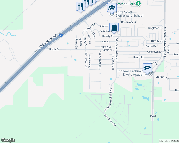 map of restaurants, bars, coffee shops, grocery stores, and more near 2346 Elm Grove Road in Royse City