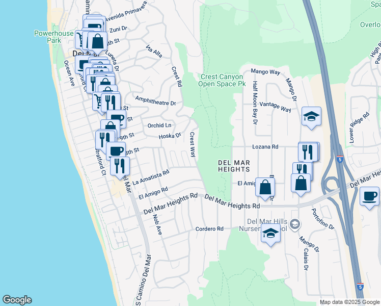 map of restaurants, bars, coffee shops, grocery stores, and more near 14030 Crest Way in Del Mar