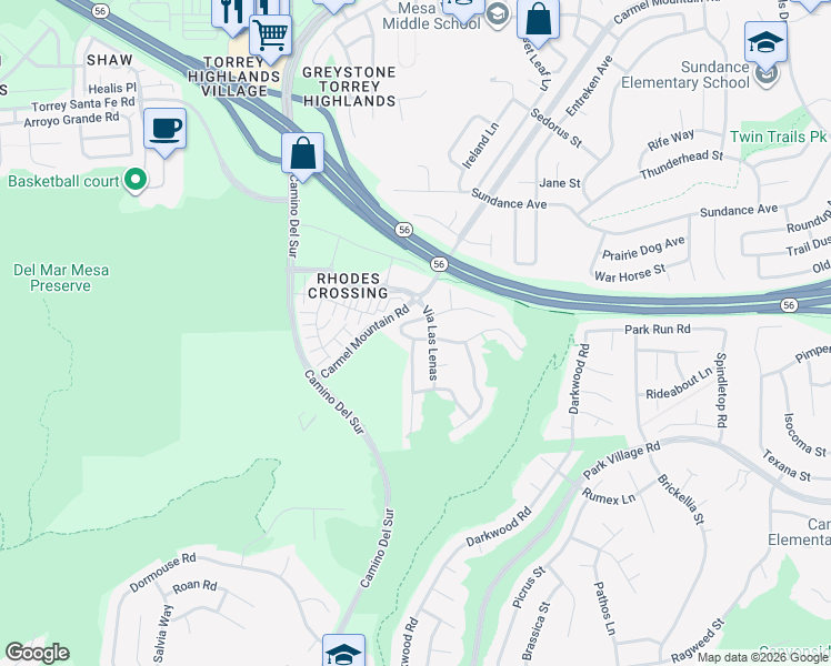 map of restaurants, bars, coffee shops, grocery stores, and more near 12680 Senda Panacea in San Diego