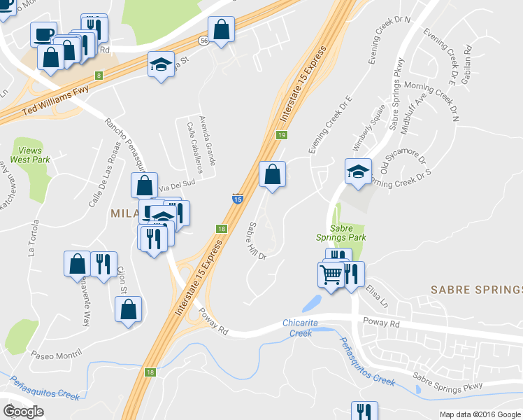 map of restaurants, bars, coffee shops, grocery stores, and more near 10796 Sabre Hill Drive in San Diego