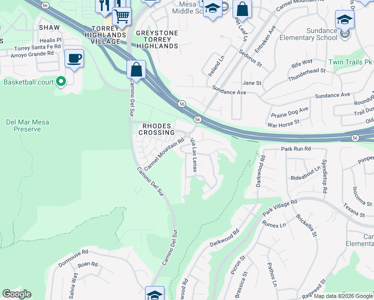 map of restaurants, bars, coffee shops, grocery stores, and more near 12680 Senda Panacea in San Diego