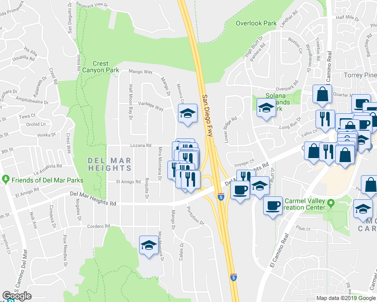 map of restaurants, bars, coffee shops, grocery stores, and more near 14005 Mango Drive in Del Mar