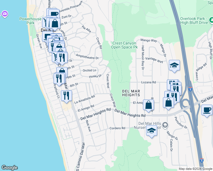 map of restaurants, bars, coffee shops, grocery stores, and more near 14030 Crest Way in Del Mar