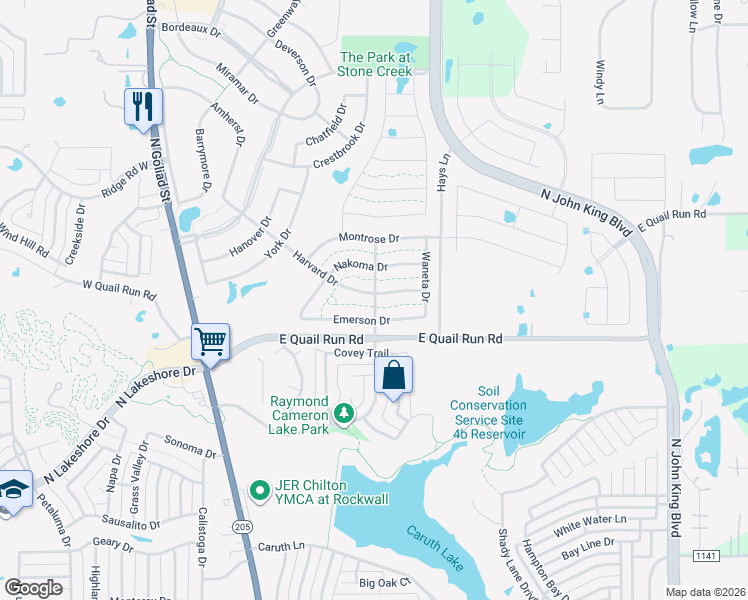 map of restaurants, bars, coffee shops, grocery stores, and more near 614 Emerson Drive in Rockwall