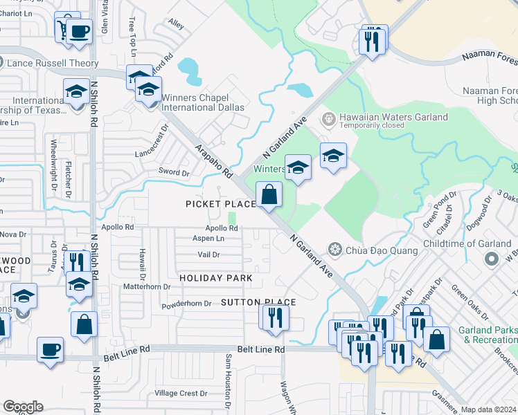 map of restaurants, bars, coffee shops, grocery stores, and more near 3935 North Garland Avenue in Garland