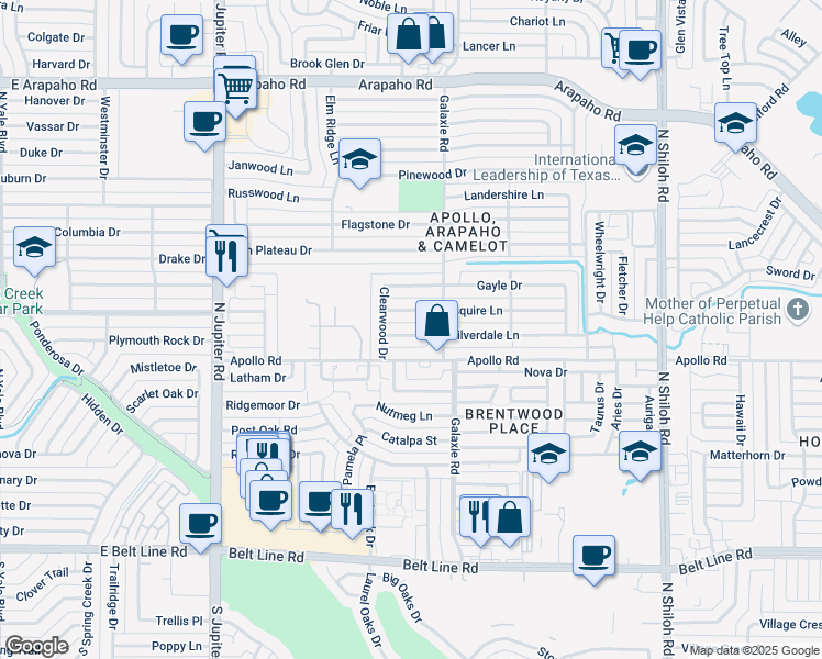 map of restaurants, bars, coffee shops, grocery stores, and more near 3014 Silverdale Lane in Garland