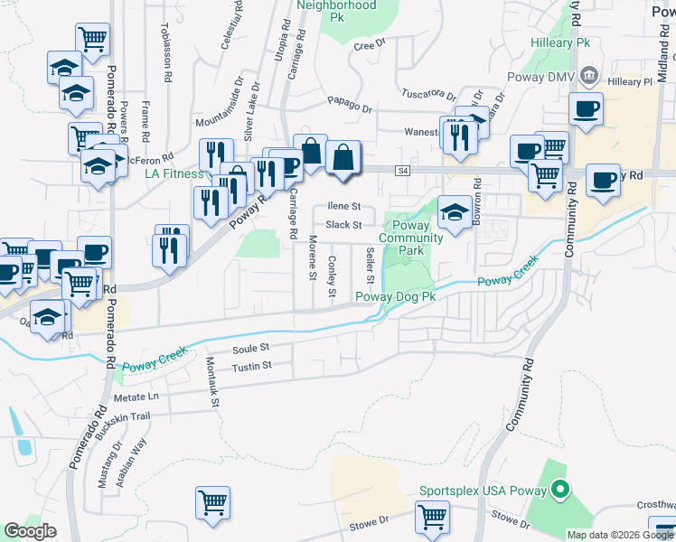 map of restaurants, bars, coffee shops, grocery stores, and more near 13011 Conley Street in Poway