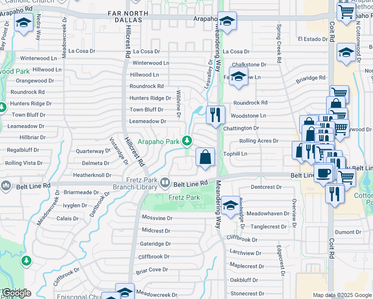 map of restaurants, bars, coffee shops, grocery stores, and more near 7401 Tophill Lane in Dallas